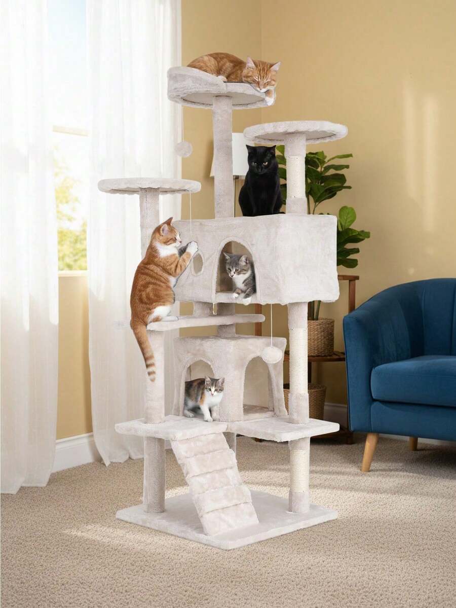 Dark grey 53.9-inch multi-level cat tree tower with dual condos, natural sisal scratching posts, climbing ladder, and plush perches for indoor cats.