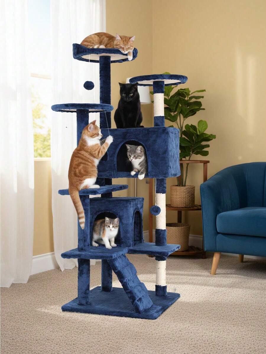 Dark grey 53.9-inch multi-level cat tree tower with dual condos, natural sisal scratching posts, climbing ladder, and plush perches for indoor cats.