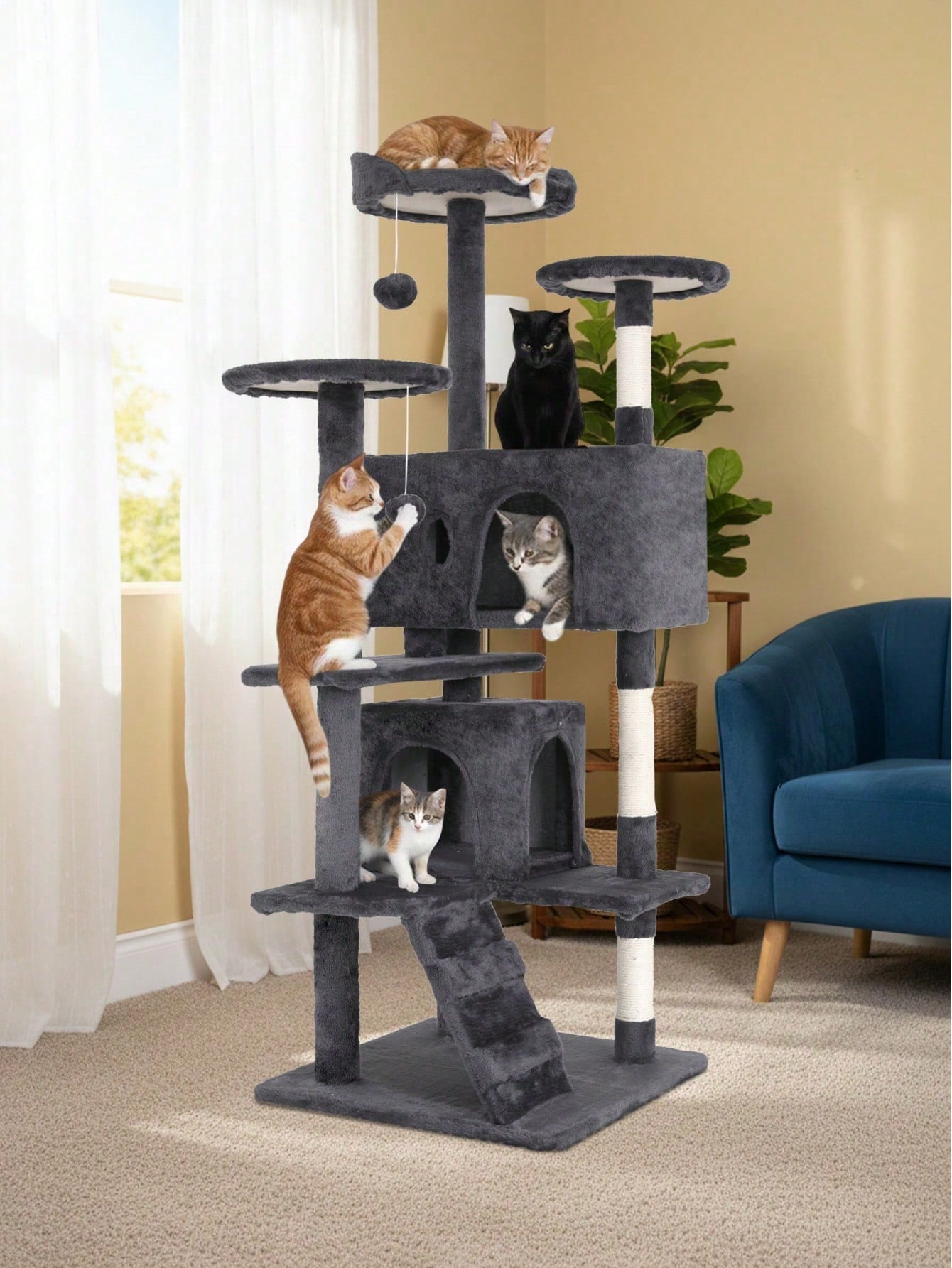 Dark grey 53.9-inch multi-level cat tree tower with dual condos, natural sisal scratching posts, climbing ladder, and plush perches for indoor cats.