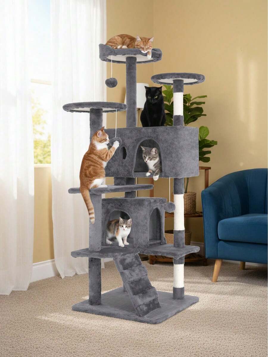 Dark grey 53.9-inch multi-level cat tree tower with dual condos, natural sisal scratching posts, climbing ladder, and plush perches for indoor cats.