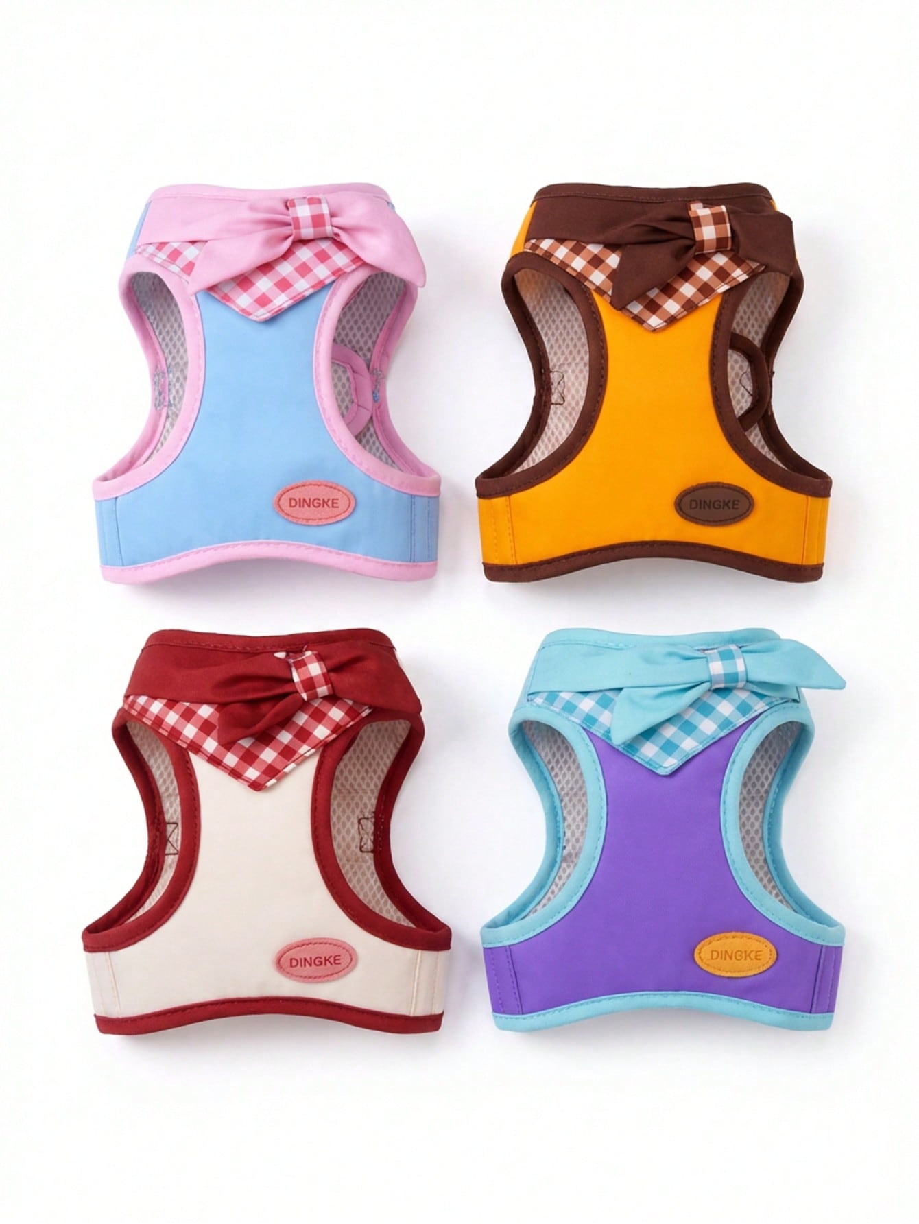 Multicolor plaid bow dog and cat harness vest made from polyester with breathable air mesh, adjustable no-pull fit for small pets