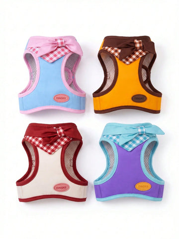Multicolor plaid bow dog and cat harness vest made from polyester with breathable air mesh, adjustable no-pull fit for small pets