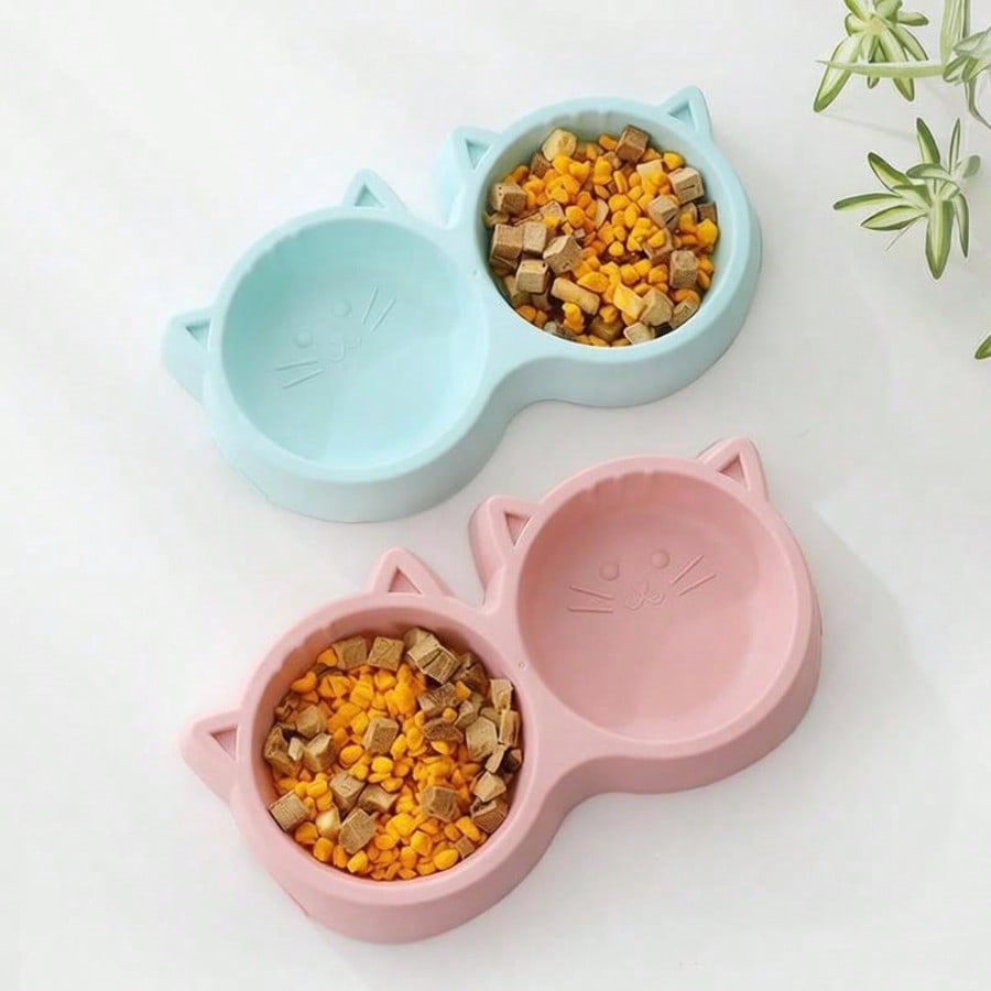 Cute Cat Shaped Dual Pet Bowls, Suitable For Cats, Dogs, Rabbits And Small Pets, Plastic Cat Food Bowl With Anti-Spill Silicone Base, Easy To Clean And Durable