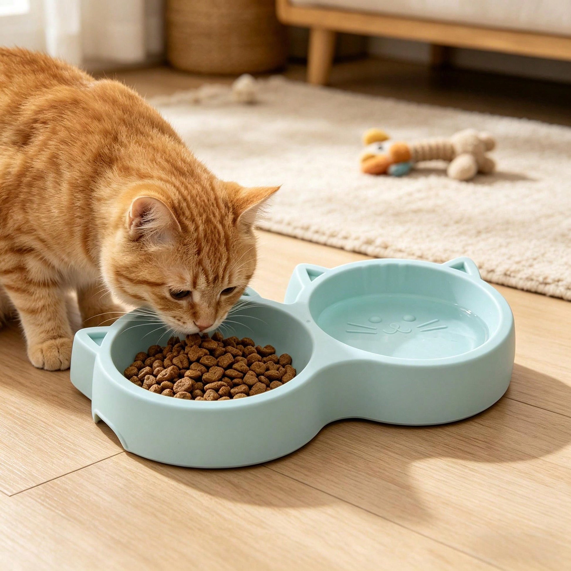 Cute Cat Shaped Dual Pet Bowls, Suitable For Cats, Dogs, Rabbits And Small Pets, Plastic Cat Food Bowl With Anti-Spill Silicone Base, Easy To Clean And Durable