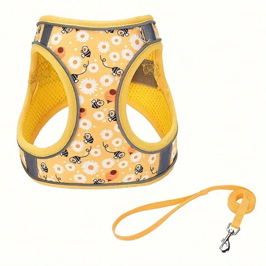 Multicolor polyester dog harness and leash set with breathable honeycomb mesh, reflective strips, anti-escape design, and cartoon, graphic, and plant patterns for cats and dogs.