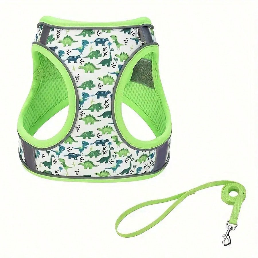 Multicolor polyester dog harness and leash set with breathable honeycomb mesh, reflective strips, anti-escape design, and cartoon, graphic, and plant patterns for cats and dogs.