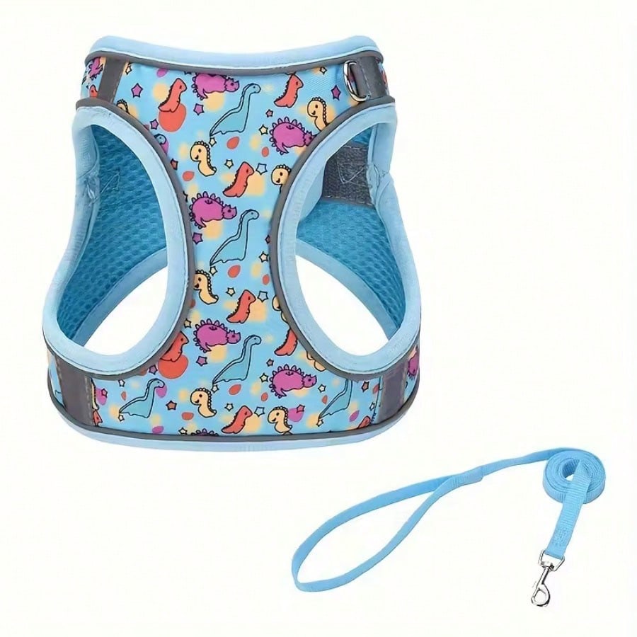 Multicolor polyester dog harness and leash set with breathable honeycomb mesh, reflective strips, anti-escape design, and cartoon, graphic, and plant patterns for cats and dogs.