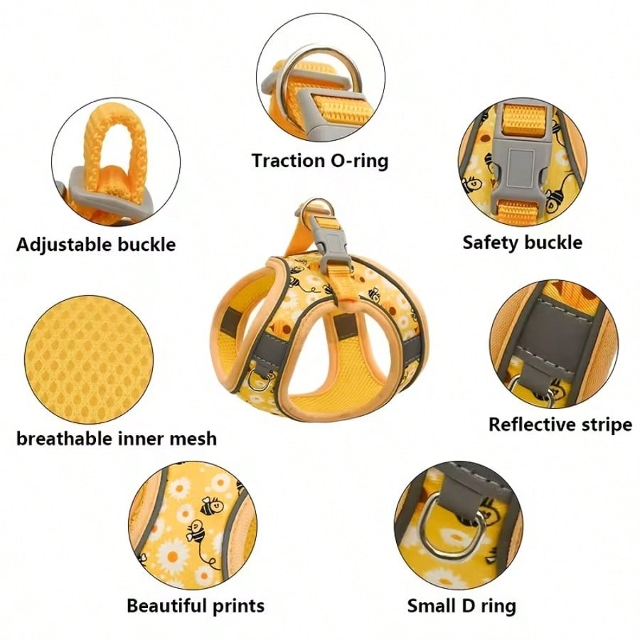 Multicolor polyester dog harness and leash set with breathable honeycomb mesh, reflective strips, anti-escape design, and cartoon, graphic, and plant patterns for cats and dogs.