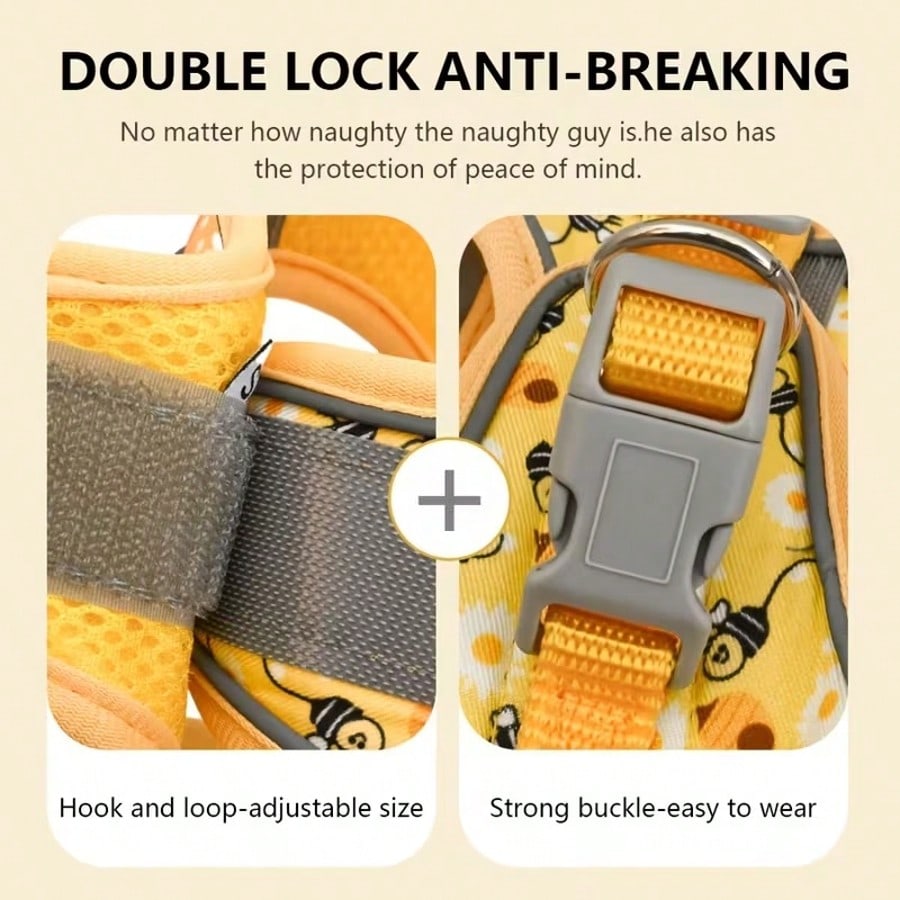 Multicolor polyester dog harness and leash set with breathable honeycomb mesh, reflective strips, anti-escape design, and cartoon, graphic, and plant patterns for cats and dogs.