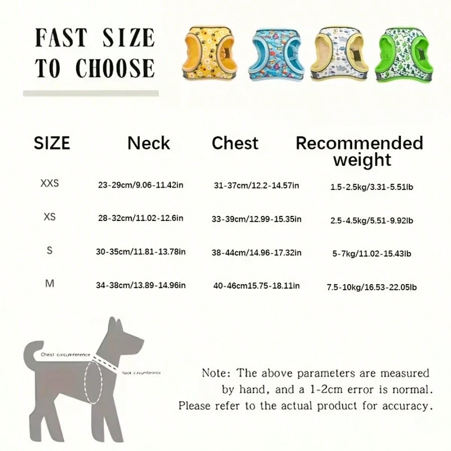 Multicolor polyester dog harness and leash set with breathable honeycomb mesh, reflective strips, anti-escape design, and cartoon, graphic, and plant patterns for cats and dogs.