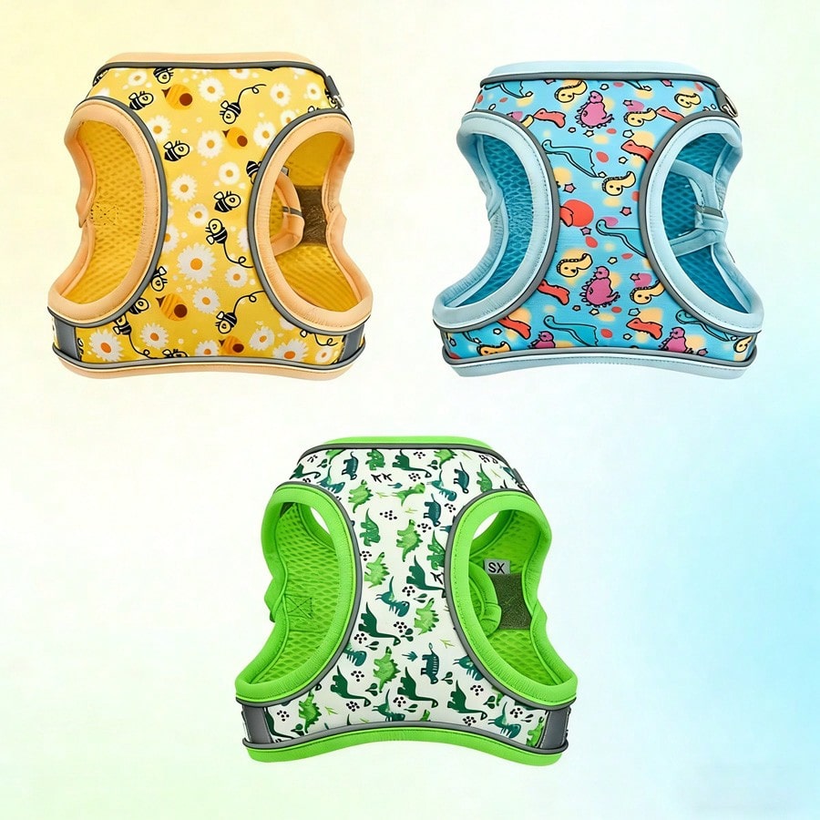 Multicolor polyester dog harness and leash set with breathable honeycomb mesh, reflective strips, anti-escape design, and cartoon, graphic, and plant patterns for cats and dogs.
