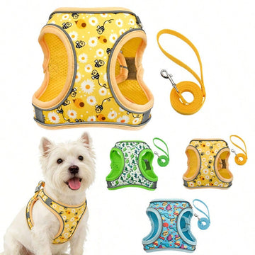 Multicolor polyester dog harness and leash set with breathable honeycomb mesh, reflective strips, anti-escape design, and cartoon, graphic, and plant patterns for cats and dogs.