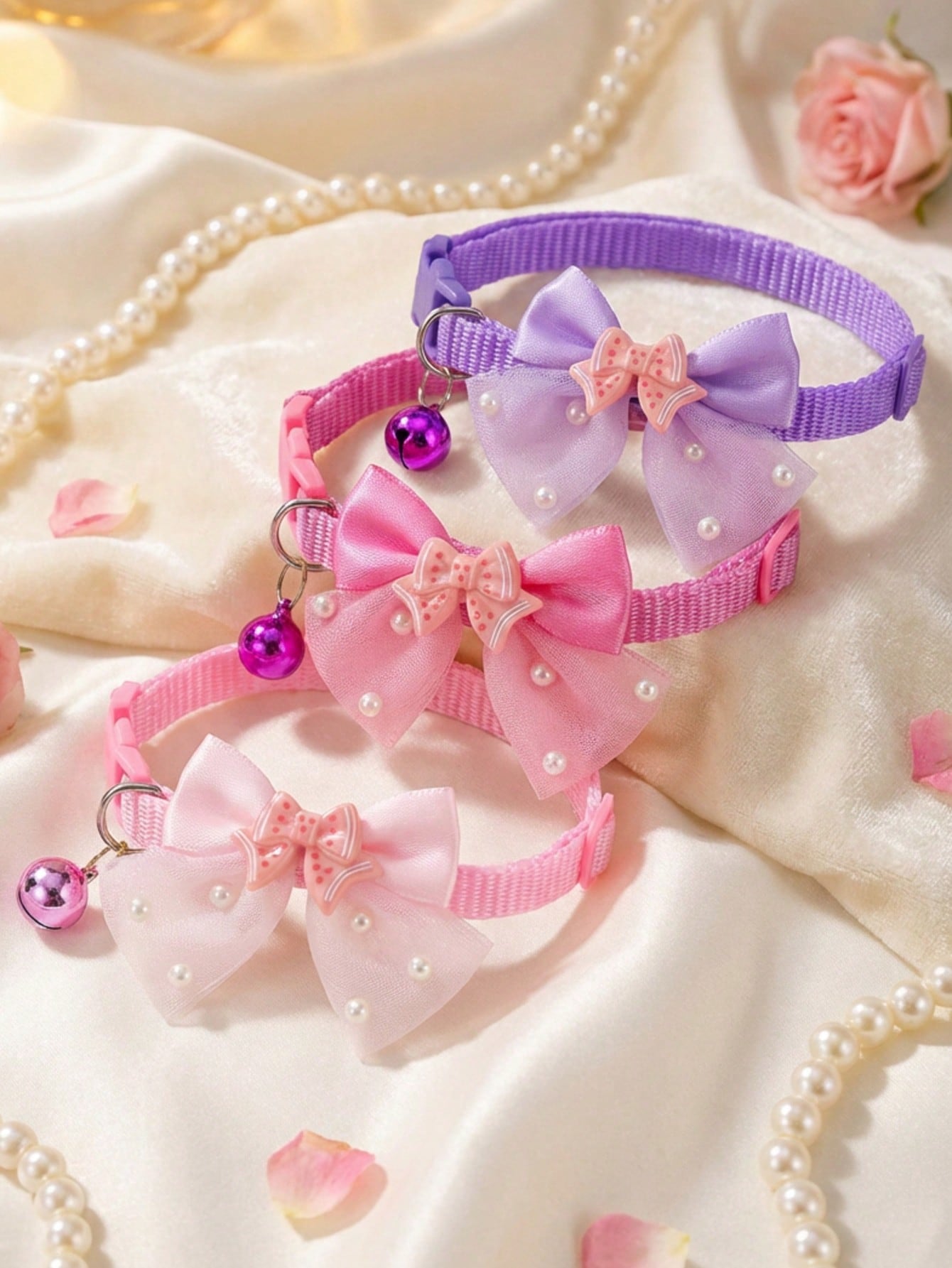Multicolor polyester pet collar with a shiny bow and bell for cats and dogs