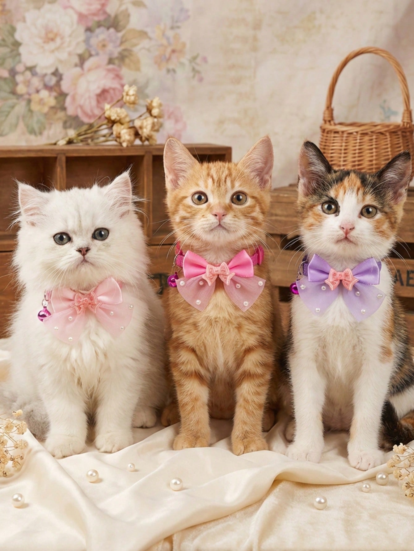 Multicolor polyester pet collar with a shiny bow and bell for cats and dogs