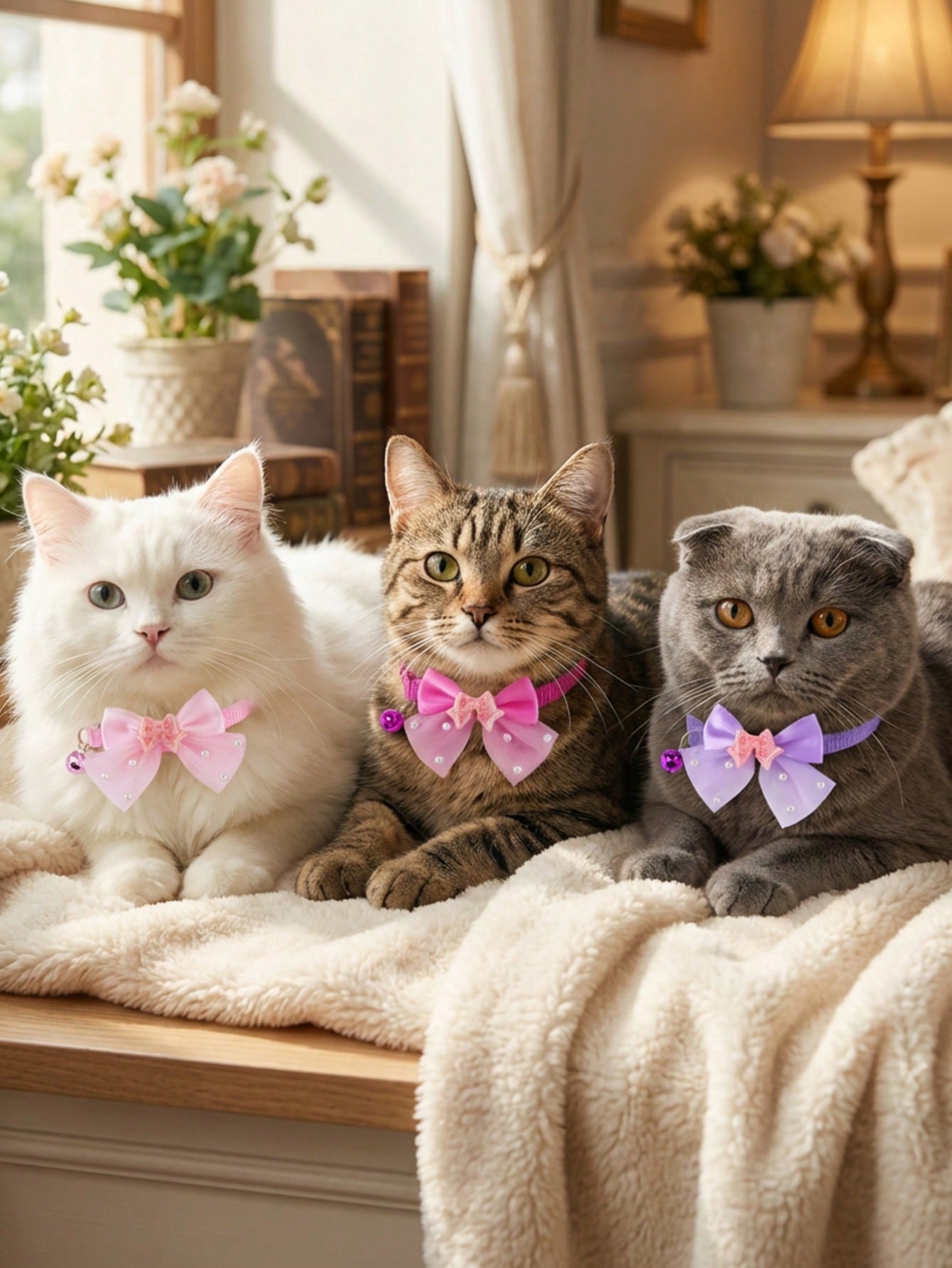 Multicolor polyester pet collar with a shiny bow and bell for cats and dogs