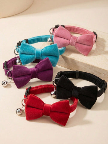 Multicolor adjustable polyester pet collar with bell and bow tie for cats and small dogs