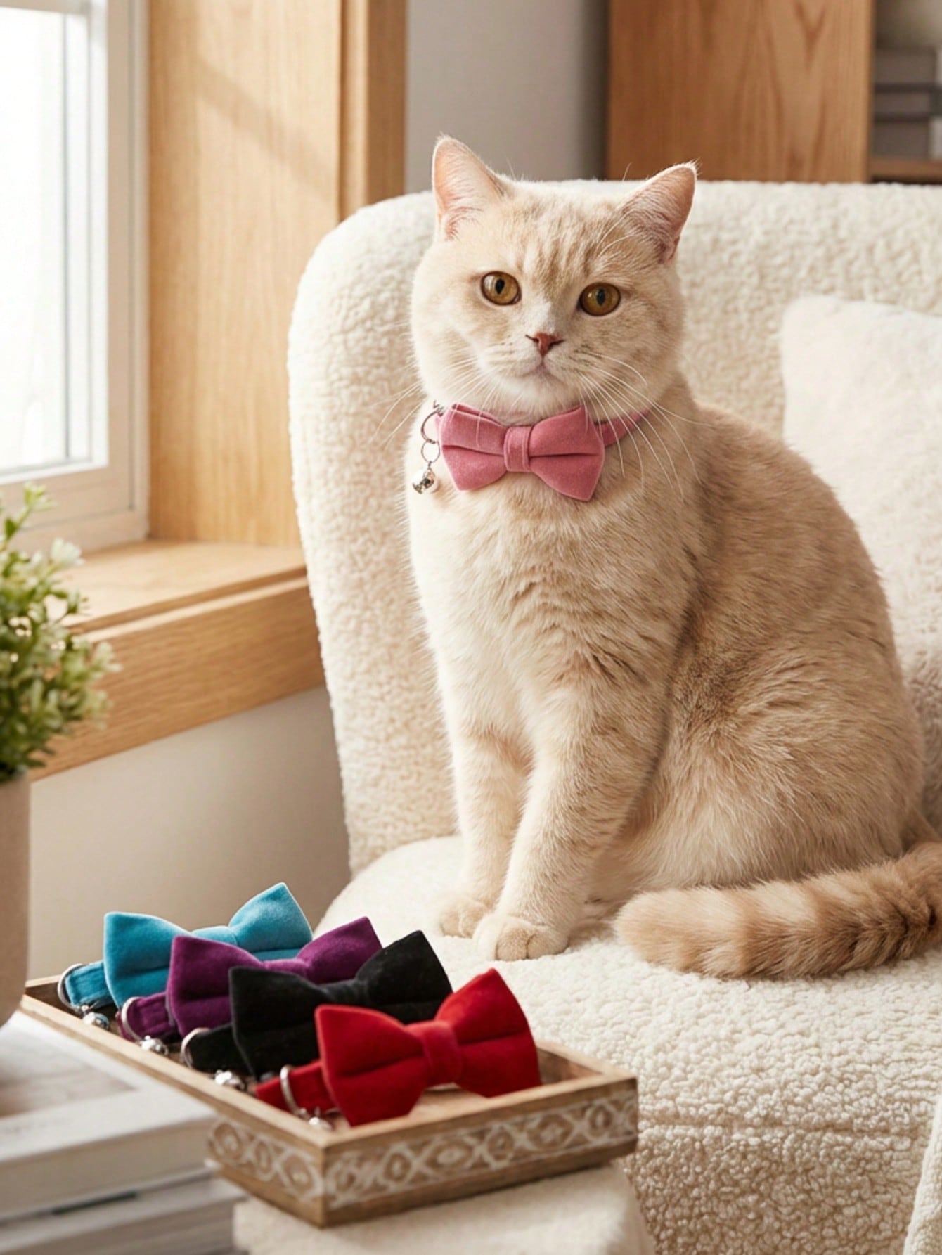 Multicolor adjustable polyester pet collar with bell and bow tie for cats and small dogs