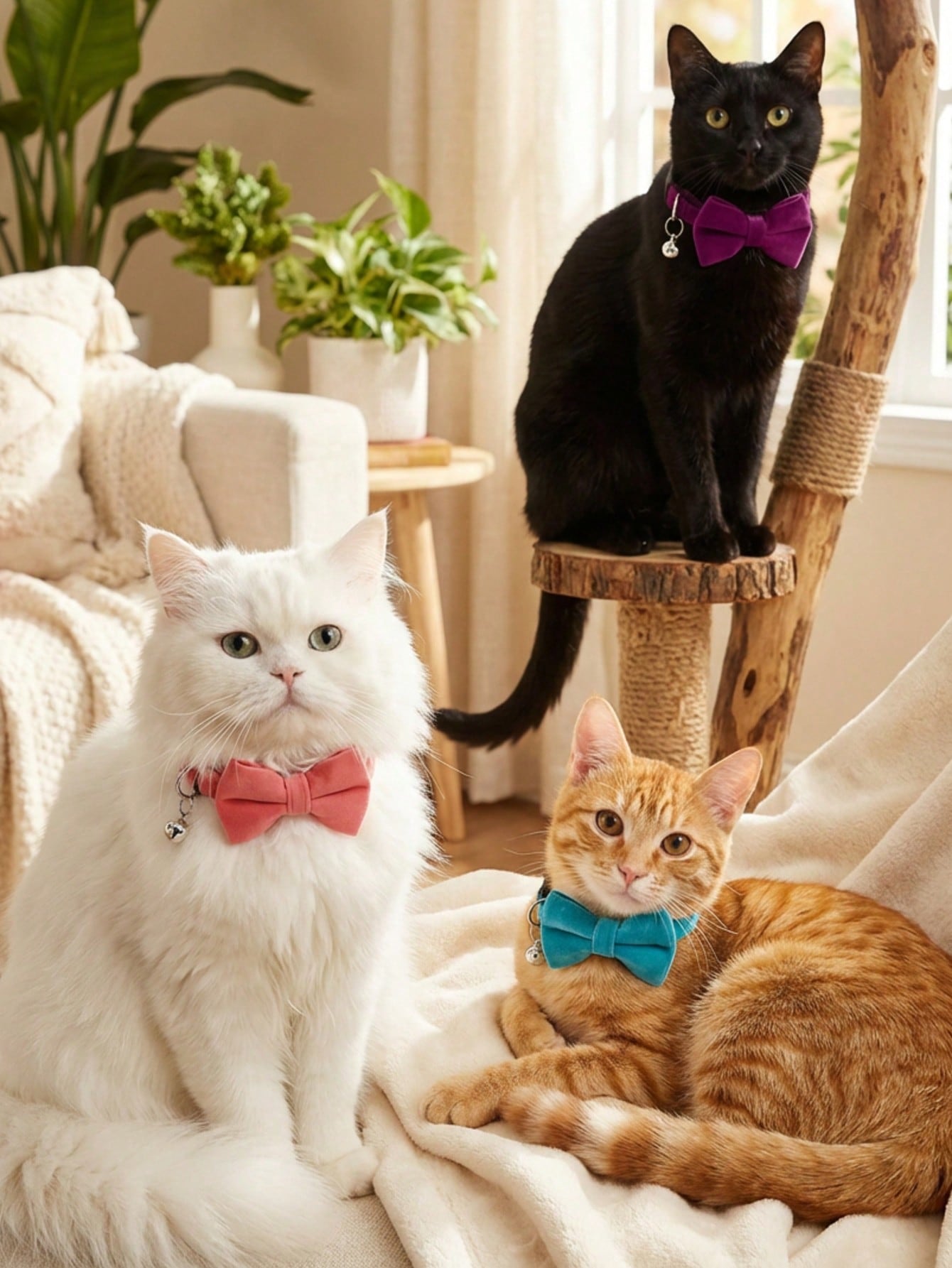 Multicolor adjustable polyester pet collar with bell and bow tie for cats and small dogs