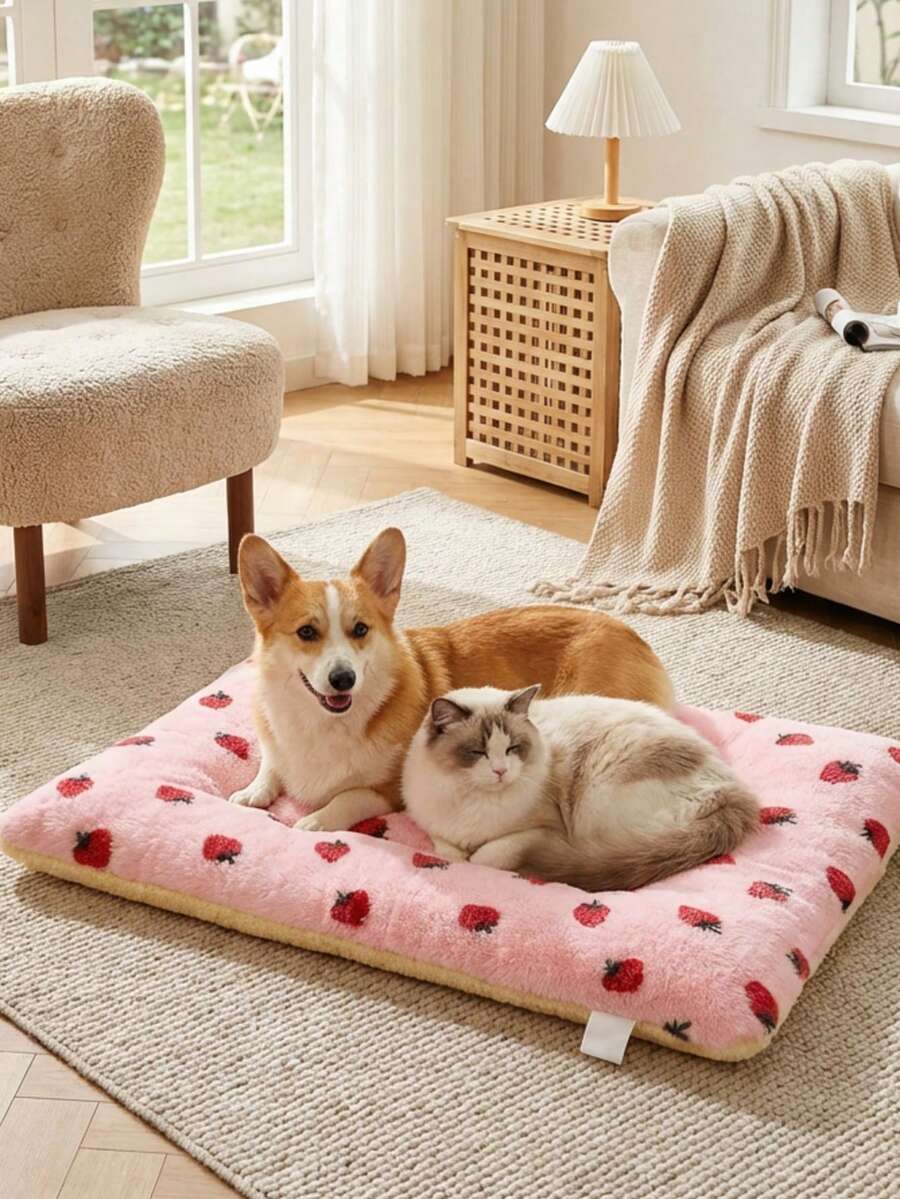Multicolor soft strawberry print pet sleeping mat for cats and dogs made from 100% polyester with plush filling.