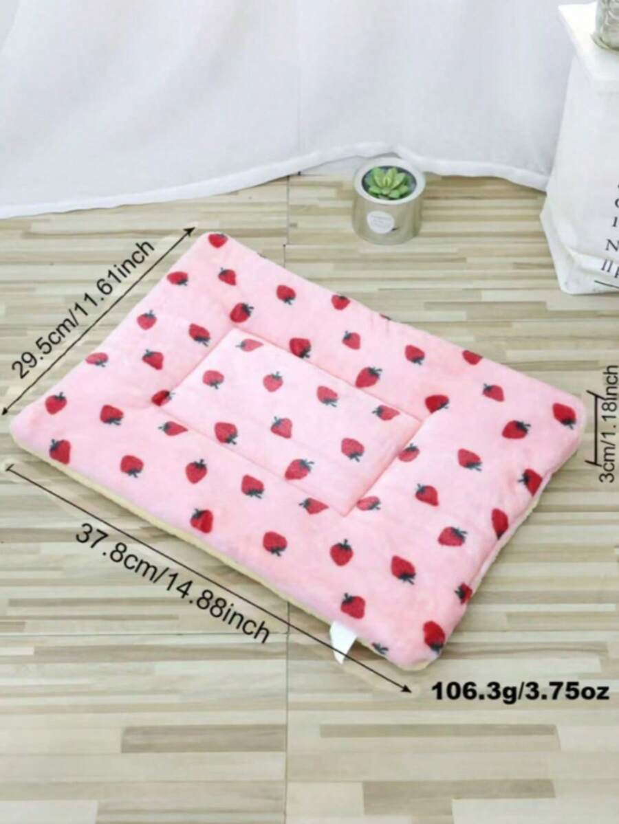 Multicolor soft strawberry print pet sleeping mat for cats and dogs made from 100% polyester with plush filling.