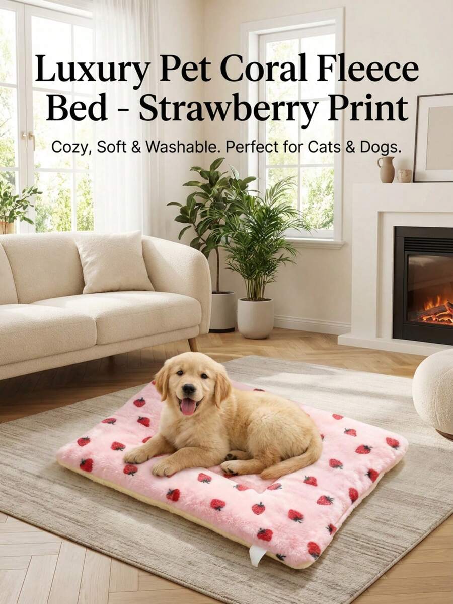 Multicolor soft strawberry print pet sleeping mat for cats and dogs made from 100% polyester with plush filling.