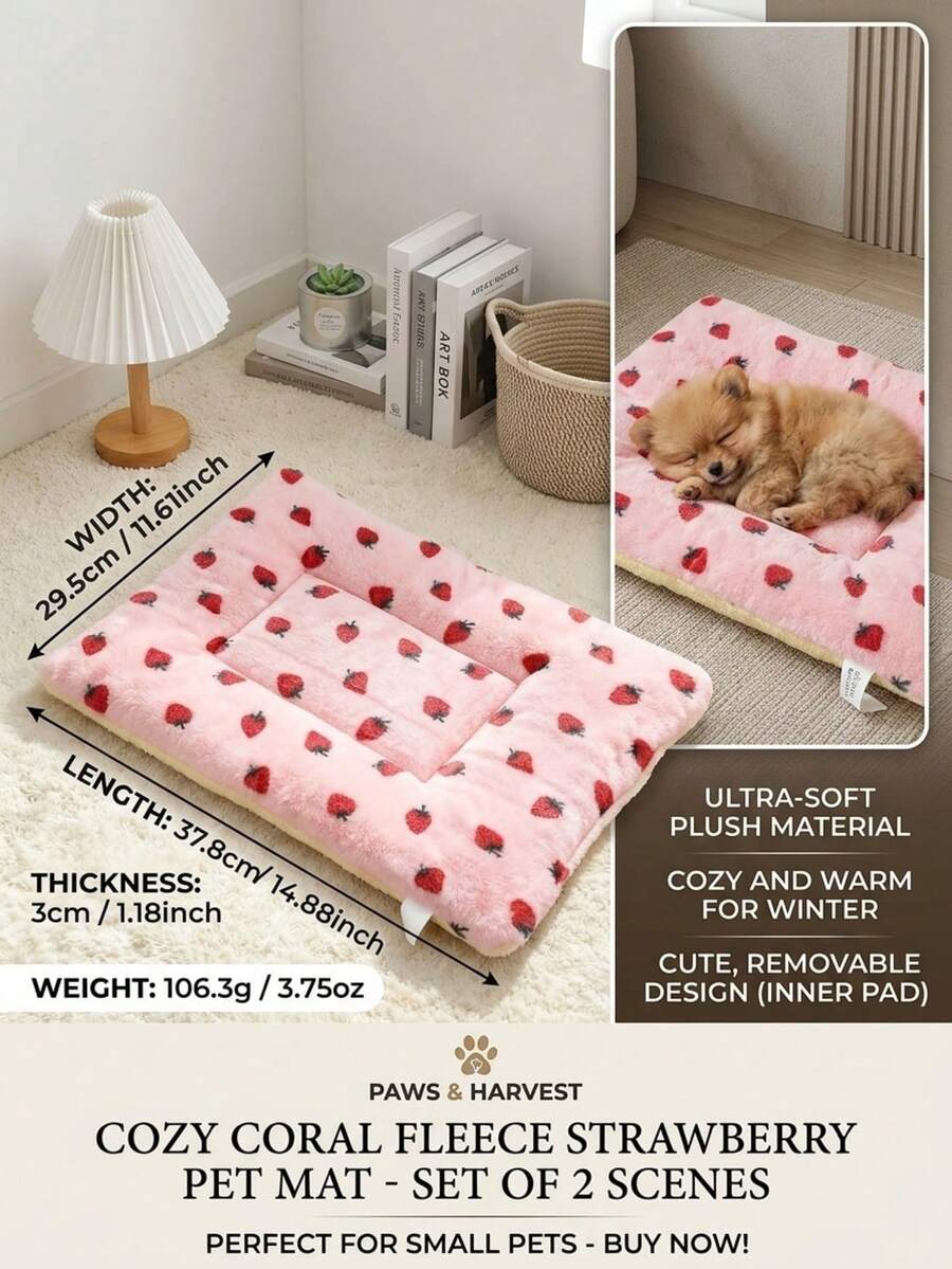 Multicolor soft strawberry print pet sleeping mat for cats and dogs made from 100% polyester with plush filling.