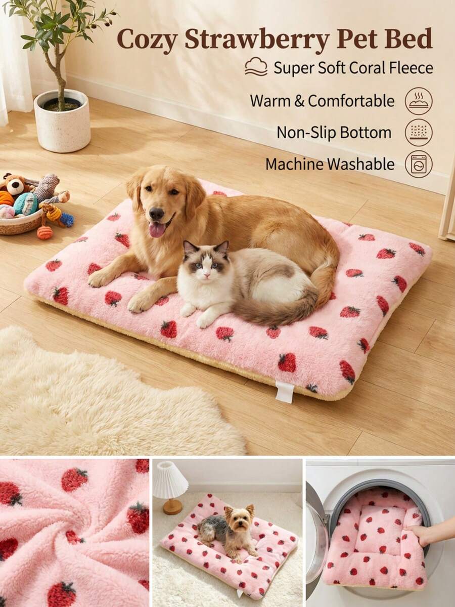 Multicolor soft strawberry print pet sleeping mat for cats and dogs made from 100% polyester with plush filling.