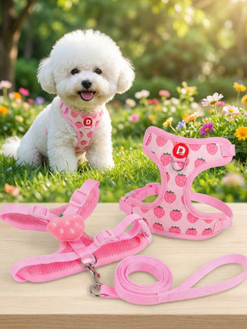 Pink adjustable polyester pet harness and leash set with cartoon pattern for cats and small dogs, designed for outdoor walking.