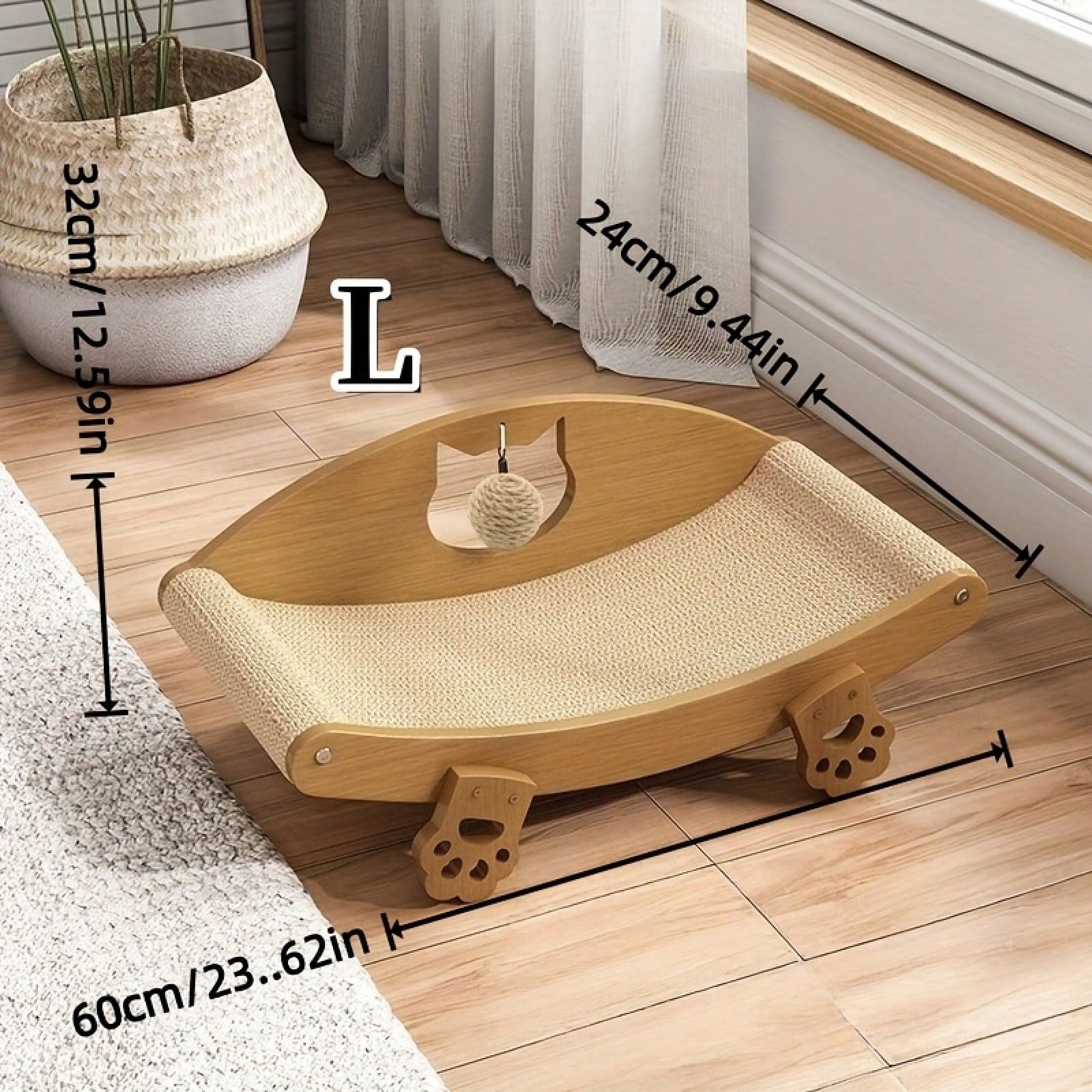 Natural sisal cat scratching lounge bed sofa scratcher with an attached toy ball for indoor cats.