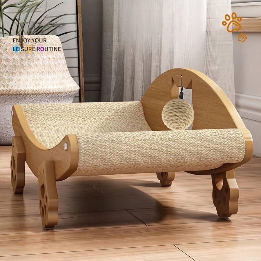 Natural sisal cat scratching lounge bed sofa scratcher with an attached toy ball for indoor cats.