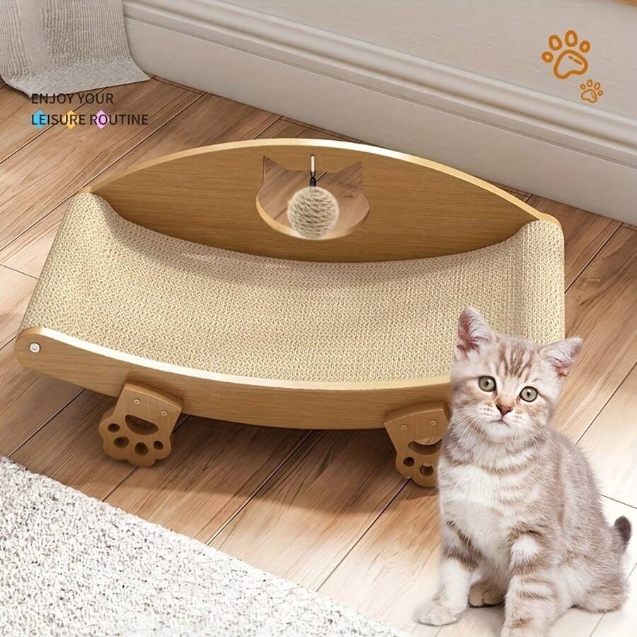 Natural sisal cat scratching lounge bed sofa scratcher with an attached toy ball for indoor cats.