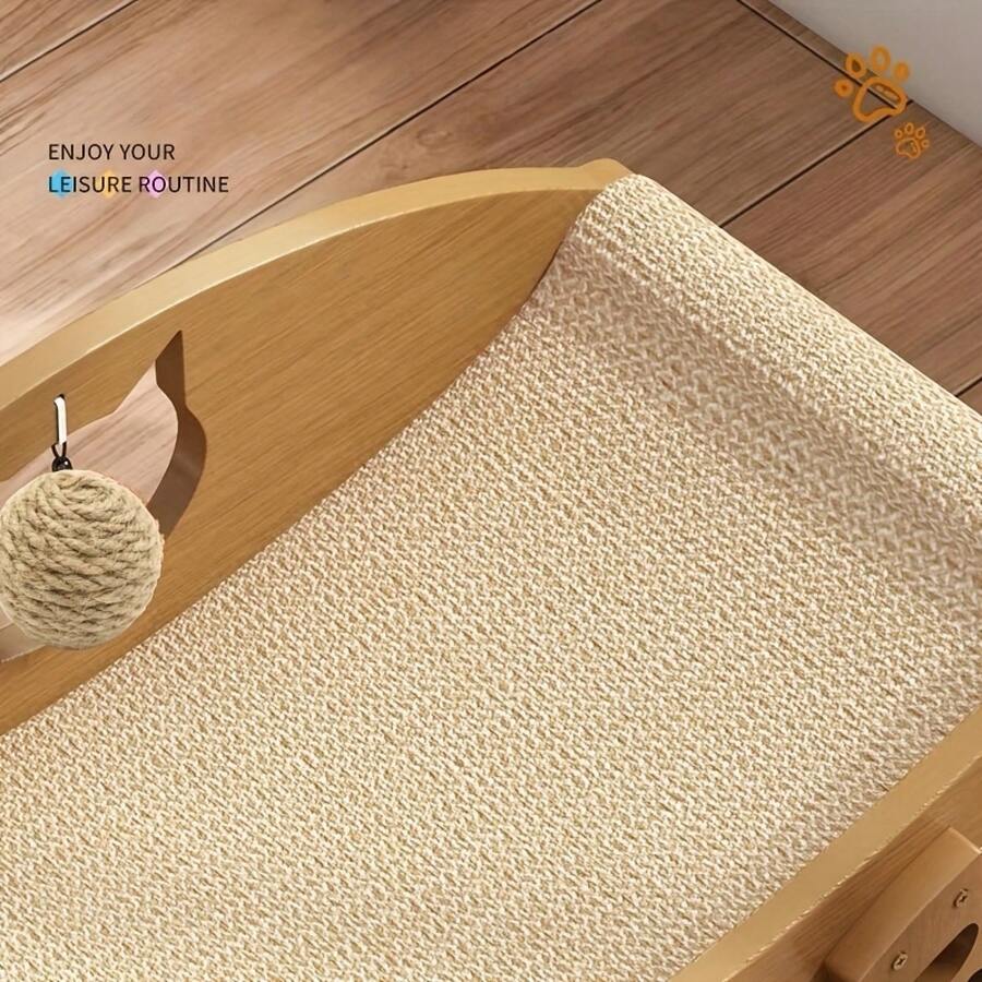 Natural sisal cat scratching lounge bed sofa scratcher with an attached toy ball for indoor cats.