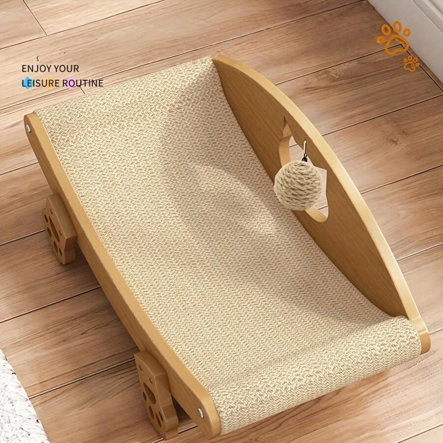 Natural sisal cat scratching lounge bed sofa scratcher with an attached toy ball for indoor cats.