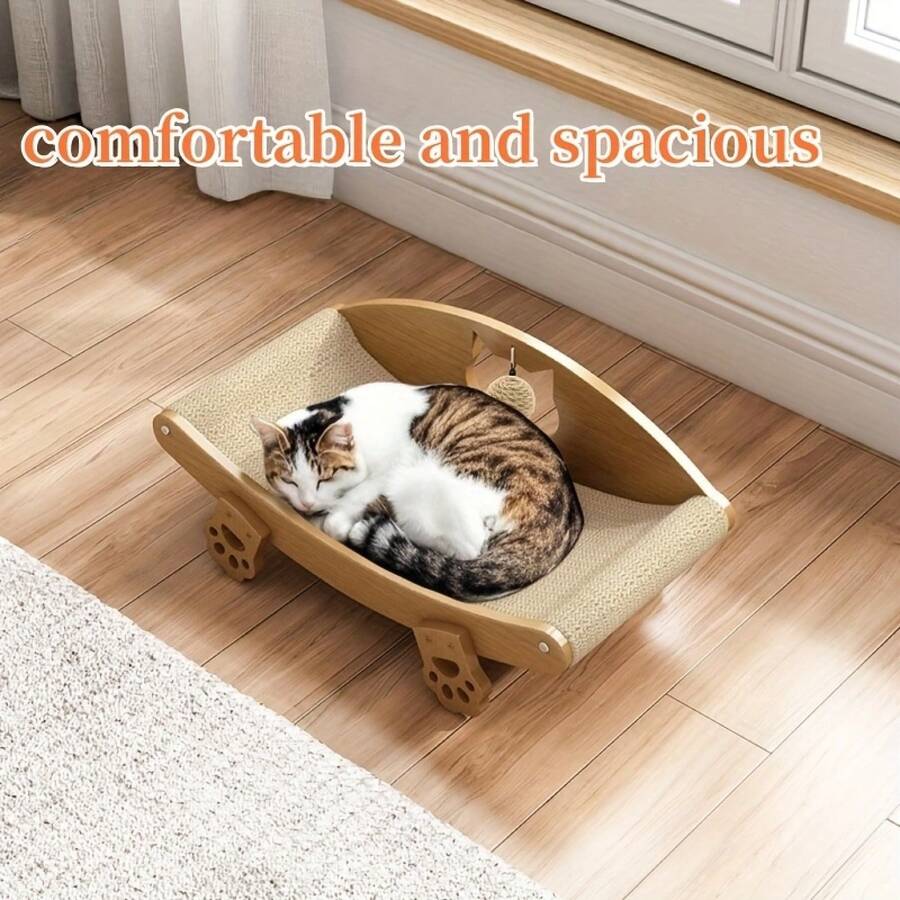 Natural sisal cat scratching lounge bed sofa scratcher with an attached toy ball for indoor cats.