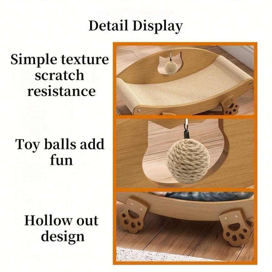 Natural sisal cat scratching lounge bed sofa scratcher with an attached toy ball for indoor cats.