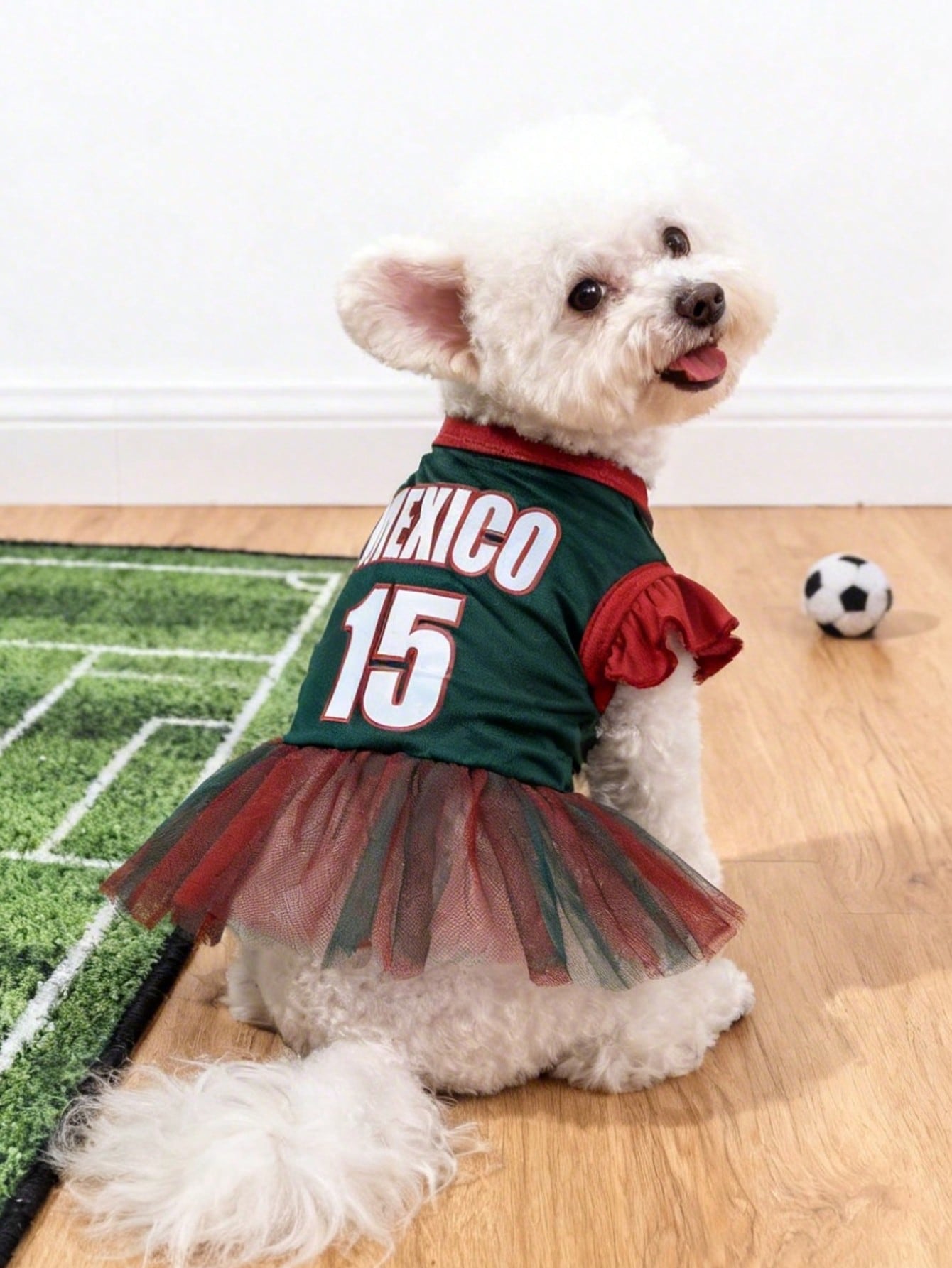 1pc Mexico Team Cheerleader MEXICO Letter Print Ruffle Sleeve Colorblock Mesh Dress, Suitable For Chihuahua & Small Dogs, Indoor & Outdoor