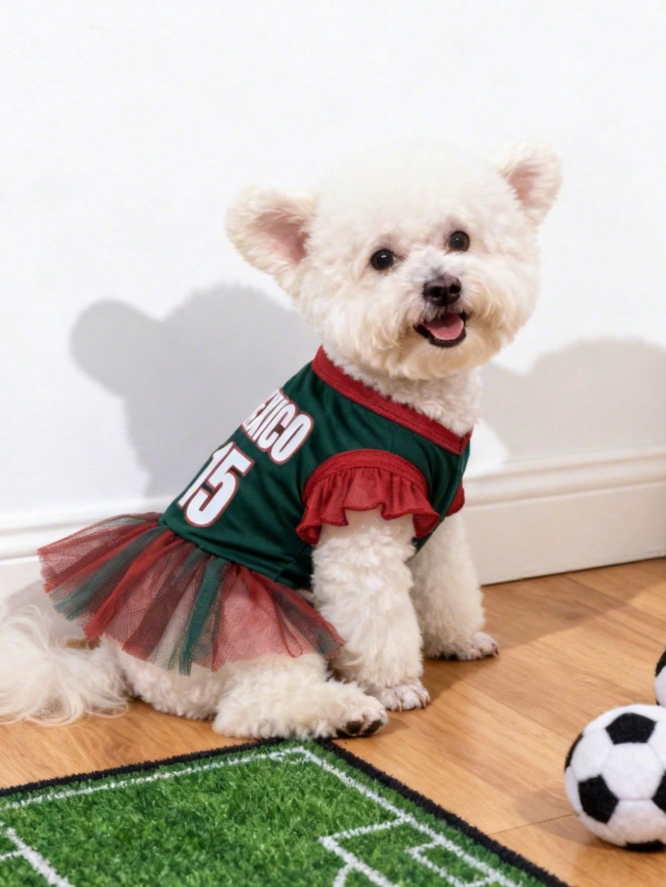 1pc Mexico Team Cheerleader MEXICO Letter Print Ruffle Sleeve Colorblock Mesh Dress, Suitable For Chihuahua & Small Dogs, Indoor & Outdoor