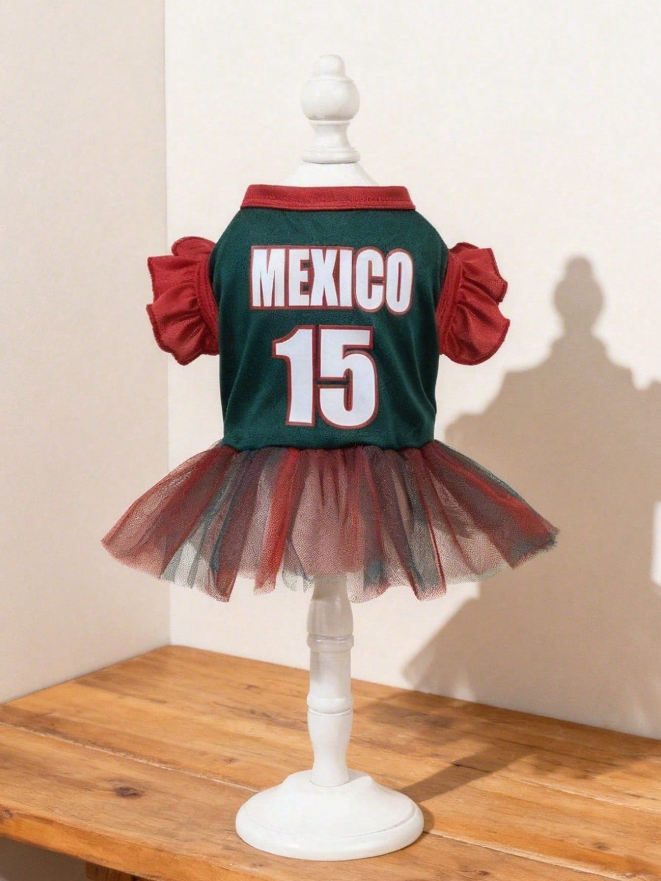 1pc Mexico Team Cheerleader MEXICO Letter Print Ruffle Sleeve Colorblock Mesh Dress, Suitable For Chihuahua & Small Dogs, Indoor & Outdoor