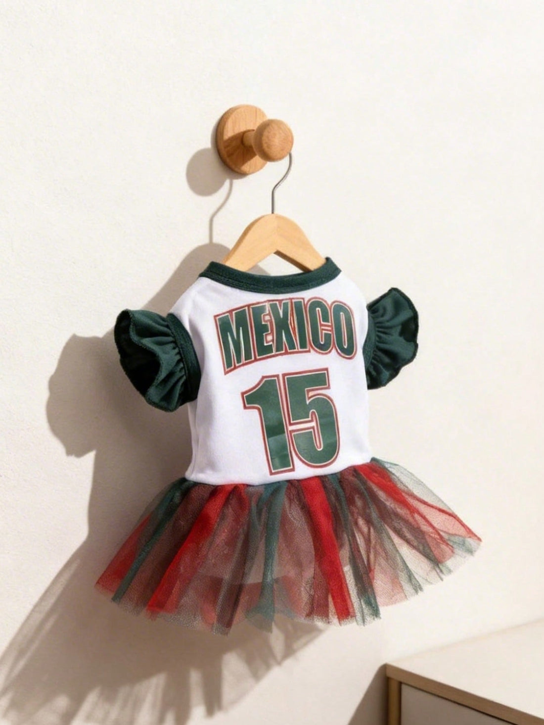 1pc Mexico Team Cheerleader MEXICO Letter Print Ruffle Sleeve Colorblock Mesh Dress, Suitable For Chihuahua & Small Dogs, Indoor & Outdoor