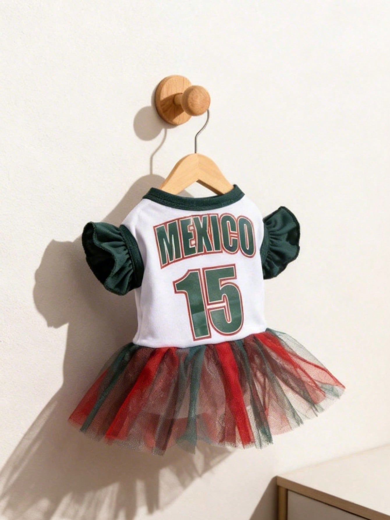 1pc Mexico Team Cheerleader MEXICO Letter Print Ruffle Sleeve Colorblock Mesh Dress, Suitable For Chihuahua & Small Dogs, Indoor & Outdoor
