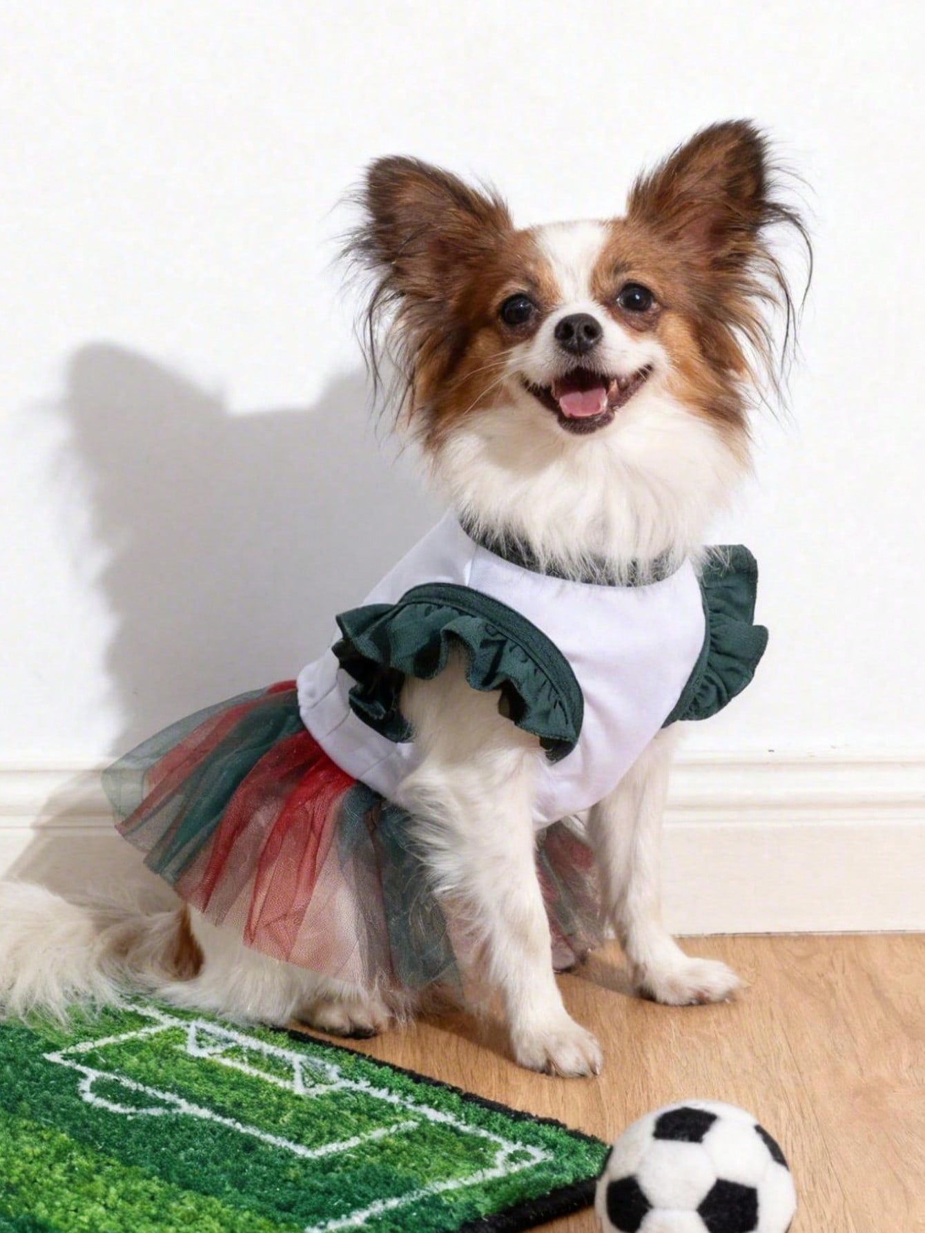 1pc Mexico Team Cheerleader MEXICO Letter Print Ruffle Sleeve Colorblock Mesh Dress, Suitable For Chihuahua & Small Dogs, Indoor & Outdoor