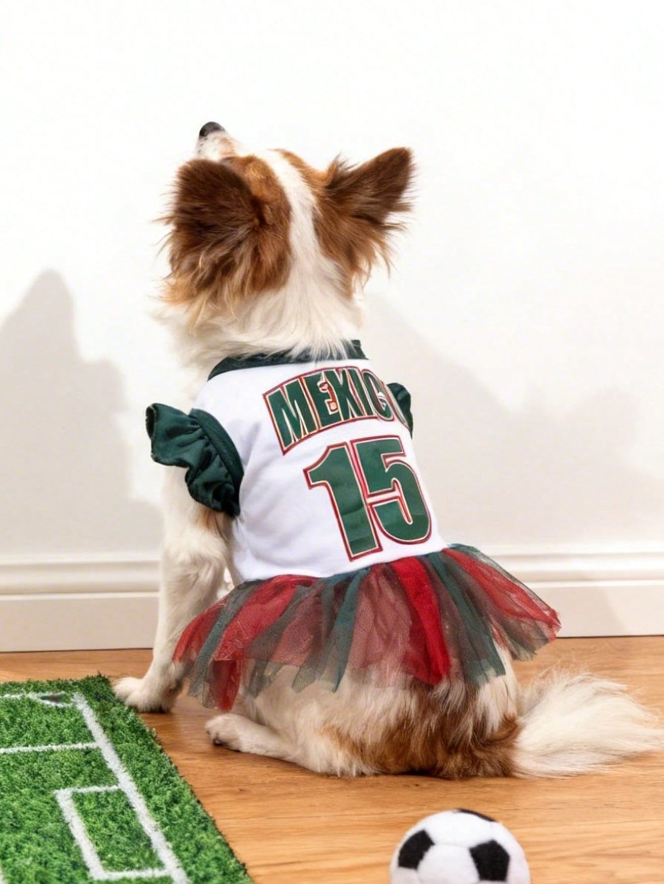 1pc Mexico Team Cheerleader MEXICO Letter Print Ruffle Sleeve Colorblock Mesh Dress, Suitable For Chihuahua & Small Dogs, Indoor & Outdoor