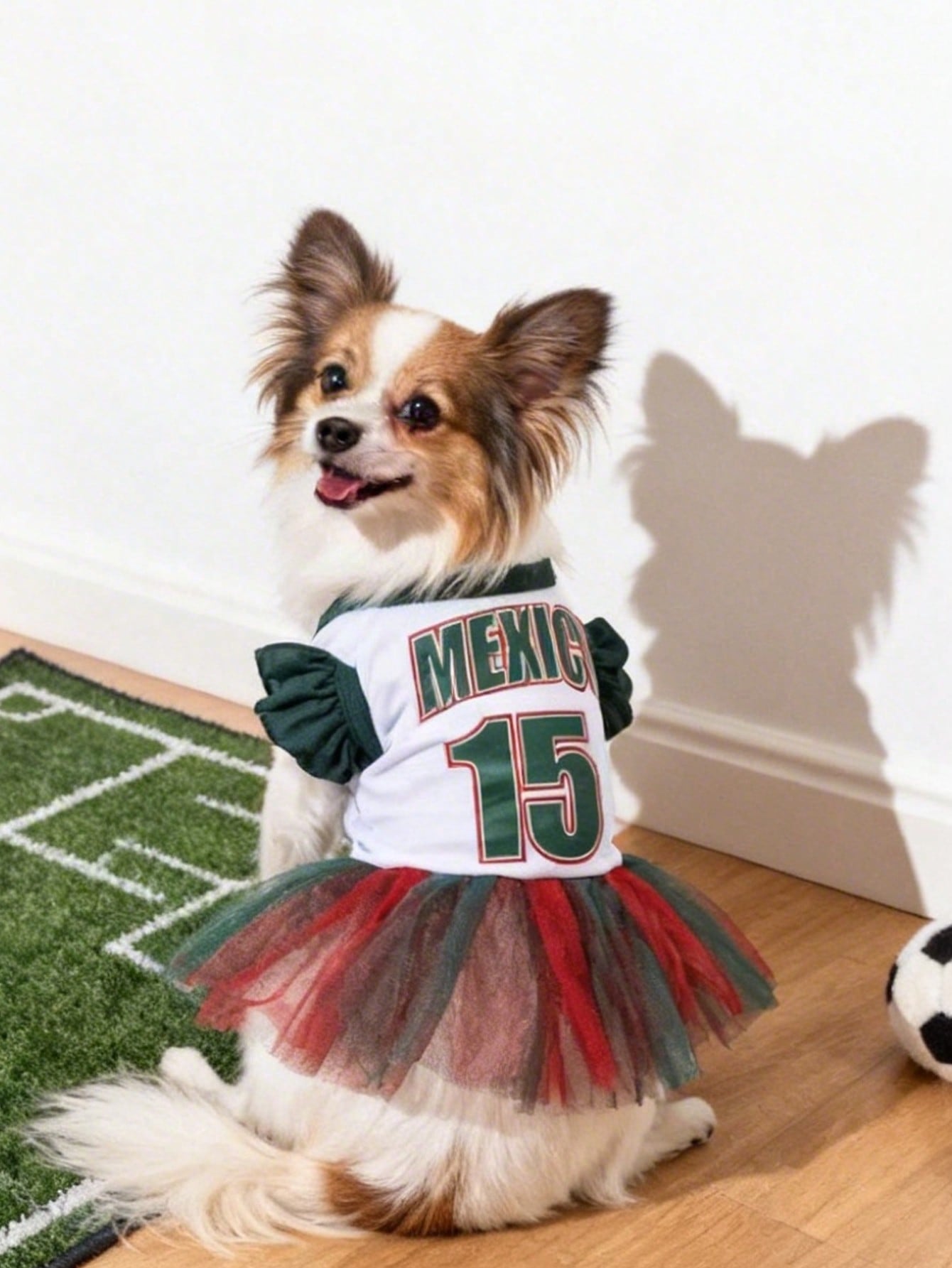 1pc Mexico Team Cheerleader MEXICO Letter Print Ruffle Sleeve Colorblock Mesh Dress, Suitable For Chihuahua & Small Dogs, Indoor & Outdoor