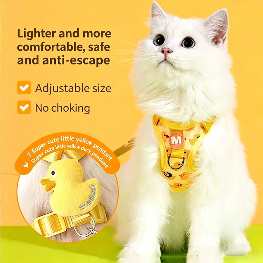 Adjustable nylon pet leash and vest-style harness set with cartoon duck design for cats and small dogs, suitable for outdoor walks or decorative use
