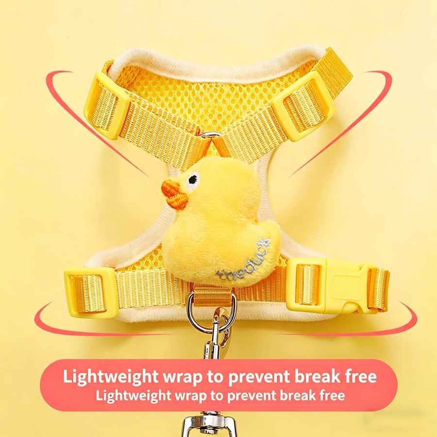 Adjustable nylon pet leash and vest-style harness set with cartoon duck design for cats and small dogs, suitable for outdoor walks or decorative use