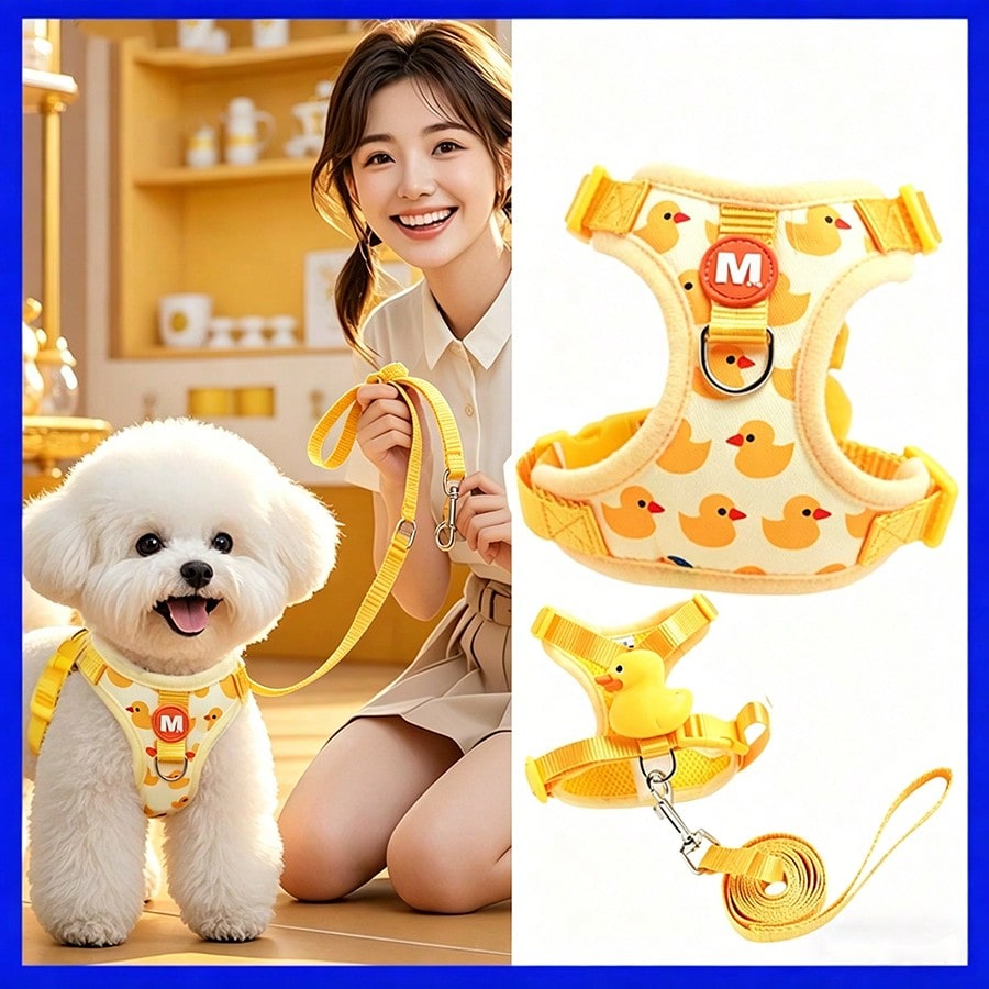 Adjustable nylon pet leash and vest-style harness set with cartoon duck design for cats and small dogs, suitable for outdoor walks or decorative use