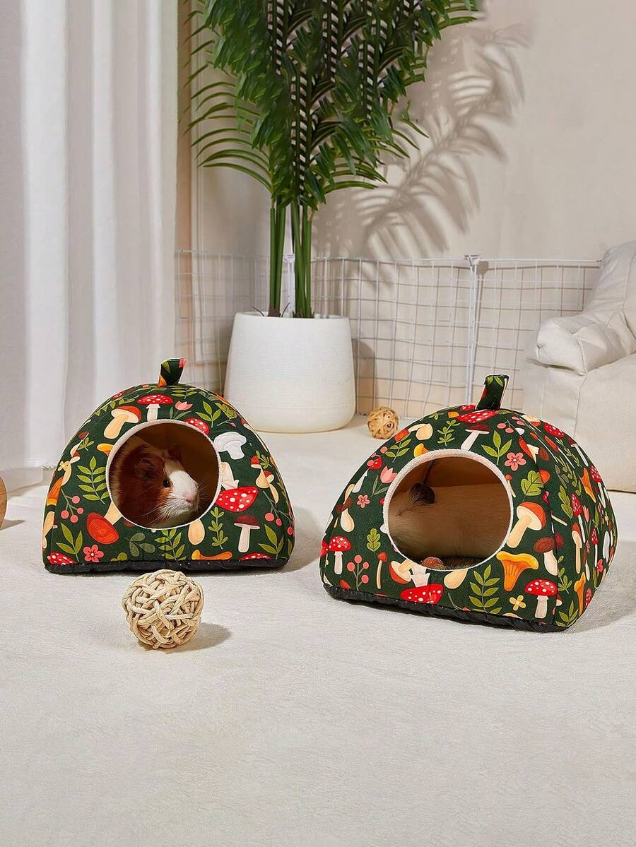 Pink strawberry pattern hamster bed hideaway nest made of soft polyester for small pets.