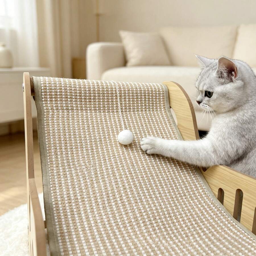2-in-1 wooden cat scratcher lounge chair with natural sisal scratching surface for indoor cats