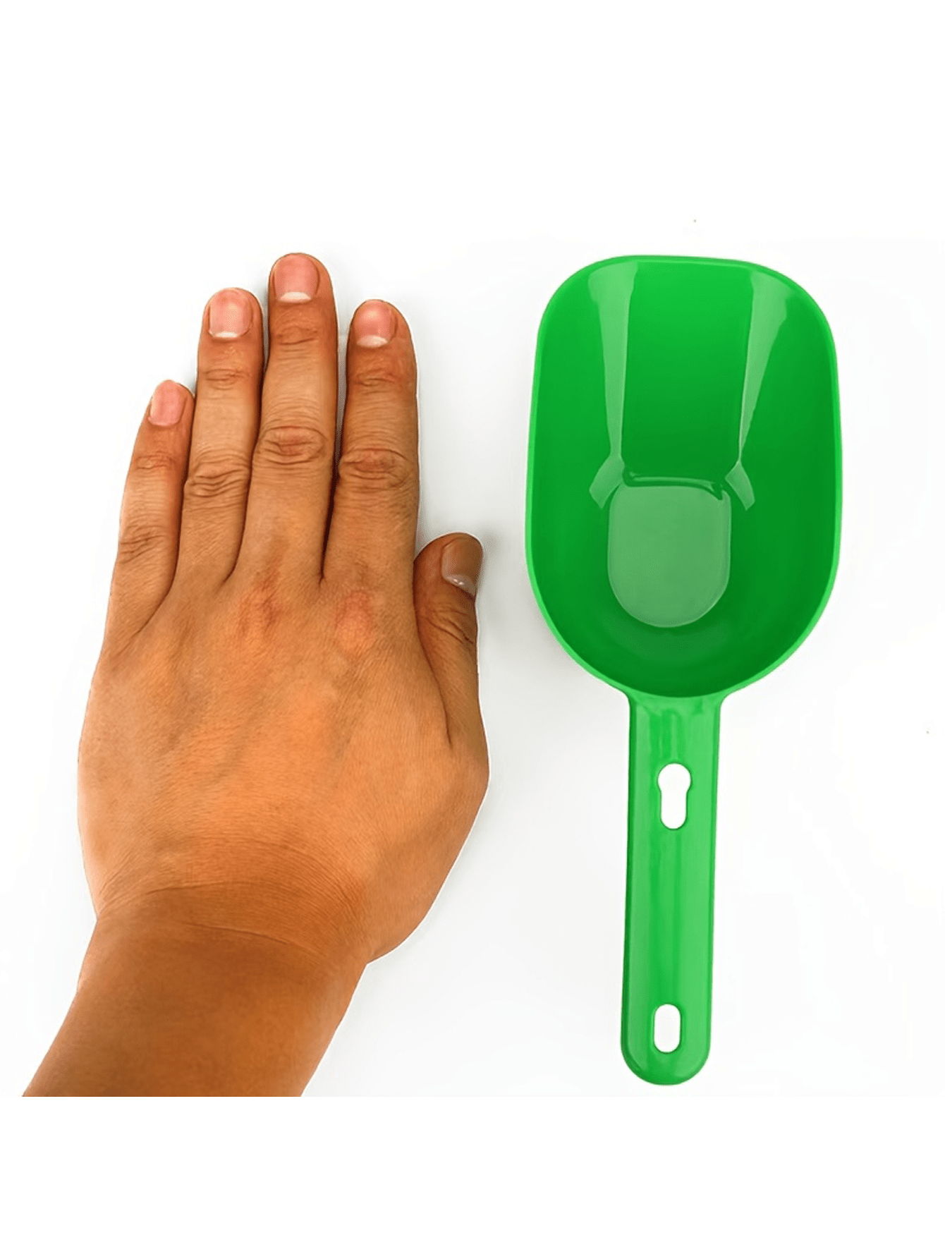 Multicolor plastic pet food scoop with an ergonomic handle for measuring dog and cat food
