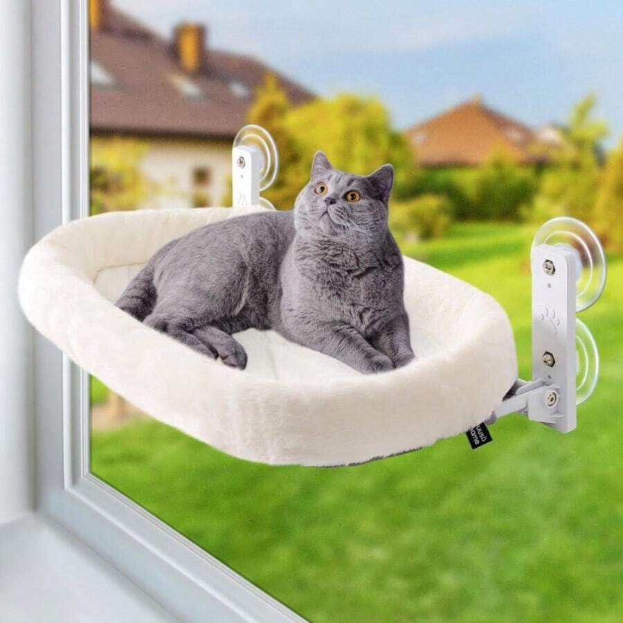 Tokenkuko cordless cat window perch hammock featuring a solid metal frame, 4 strong suction cups, and a soft removable bed mat cover.